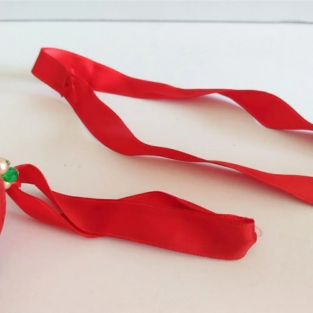 Vintage Set Of 3 Handmade Beaded Sequin Push Pin Satin Christmas Ornaments Red